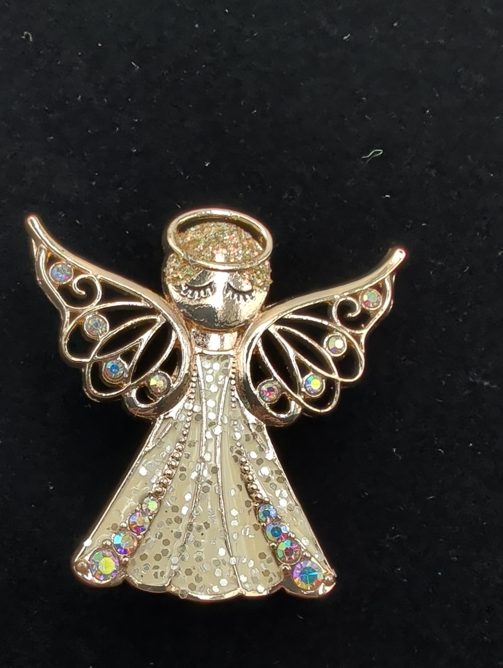 Gold Angel Brooch Pin with Aurora Rhinestones - Women Jewelry, NIB